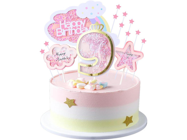 Girl 9th Birthday Cake Decoration Set 9th Birthday Cake Topper with Rainbow Clouds Stars Cake Picks 9 Years Old Cake Topper for Girls Birthday...