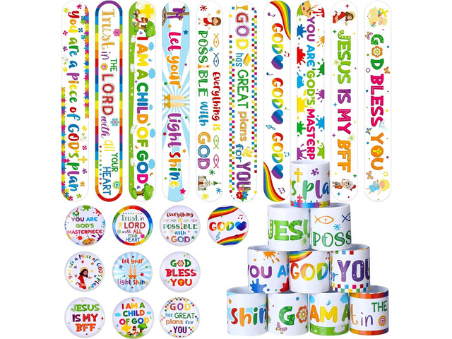 Frienda 60 Pcs Christian Gifts Bulk Pack, Religious Slap Bracelets with Button Pins, Bible Verse Jesus Loves You Wristbands, Faith Party Favors for...
