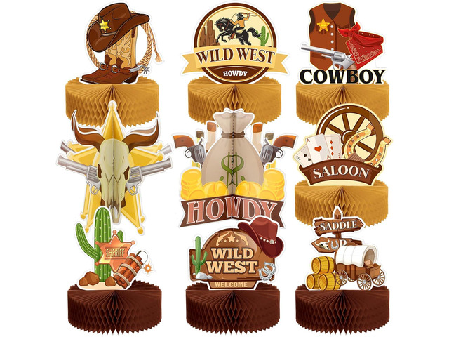 Marspark 9 Pcs Western Cowboy Decorations Wild West Honeycomb Centerpieces for Tables Cowboy Party Decorations 3D Western Themed Party Decor...