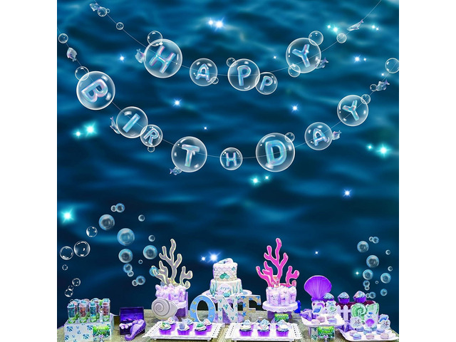 Cheerland Ocean Happy Birthday Banner Under the Sea Bubble Party Decorations Mermaid Birthday Decoartion for Kids Hanging Banner Underwater...