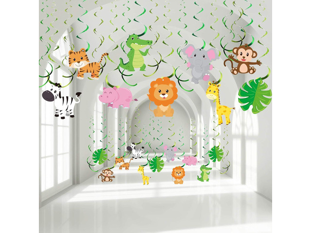 Blulu 30 Pcs Jungle Safari Animals Decorations Wild One Hanging Swirl Forest Theme Foil Swirls Ceiling for Safari Birthday Decoration Forest Party...
