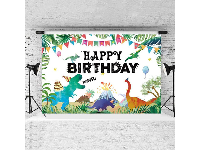Illiyot Funny Dinosaur Birthday Backdrop 6x3.5ft, Watercolor Dinosaur Party Supplies - T-Rex, Large Wall Banner for Kids