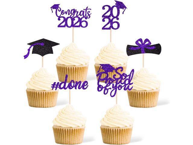 36 pcs Class of 2026 Graduation Cupcake Toppers, Purple Glitter Double-Sided Grad Cap Cake Toppers for Graduation Party Supplies, 2026 Graduate.