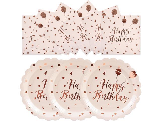 50PCS Happy Birthday Paper Plates and Napkins Set - 7 Inch Pink Rose Gold Birthday Cake Plates Scalloped Dessert Plate Disposable Tableware for.