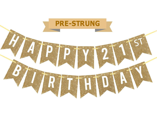 Netnology Pre-Strung Gold Happy 21st Birthday Banner Decorations,12 ft No DIY Gold Glitter 21st Birthday Party Banner Sign Decor for Women Men Girl...