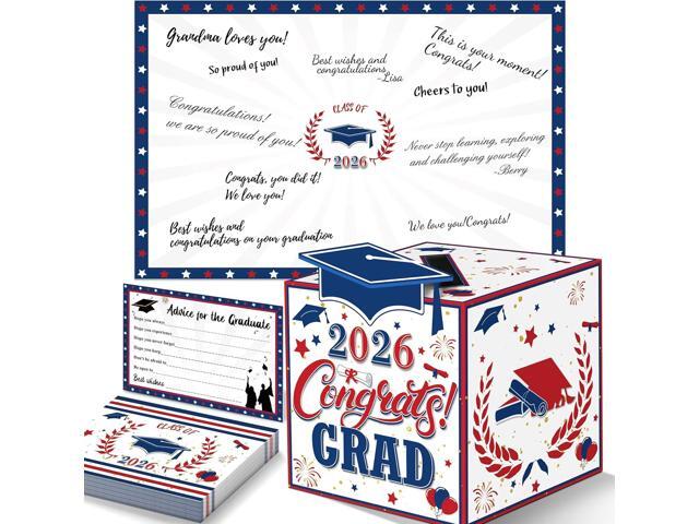 Graduation Decorations Red Blue White 2026 - Giant Guest Book Alternative,Graduation Cards Box with 36PCS Graduation Advice Cards,Signature Board...