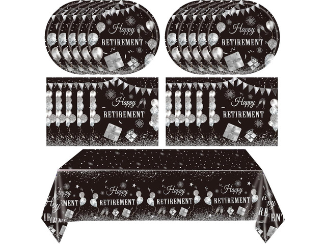 41PCS Happy Retirement Party Decorations for Men and Women,Black Silver Happy Retirement Paper Plates Napkins and Tablecloth Disposable Dinnerware...
