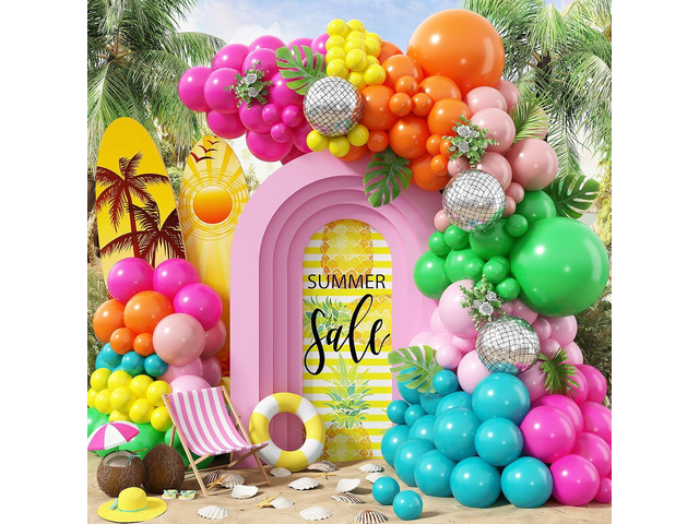 Tropical Balloons Garland Arch Kit, 130Pcs Hawaii Balloon Arch Kit, 18 10 5 Inch Summer Green Hot Pink Orange Yellow Balloons, Hawaii Party...