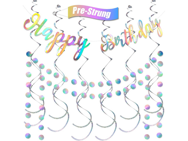 Zonon 9 Pcs Iridescent Happy Birthday Banner Pre-strung Holographic Party Decoration Vibrant Bachelorette Hanging Streamers Decor Rainbow Shiny...