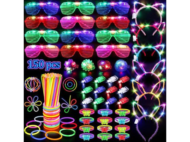150PCS Glow in the Dark Party Supplies for Kids Adults, Light Up Party Favors with Light Up Glasses, Headband, Rings, 100 Glow Sticks Bulk Party.