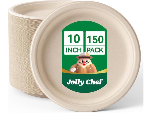 JOLLY CHEF Compostable Heavy Duty Plates [ ] Eco-Friendly Disposable Natural Paper Plates Bagasse Biodegradable Bulk for Party Dinner.