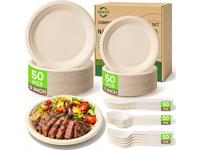 Compostable Paper Plates Set, 250PCS Disposable Heavy-Duty Sugarcane Plate and Eco-Friendly Utensil Biodegradable Dinnerware Plates, Extra Long...