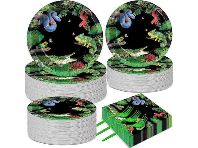 50 Guests Reptile Snake Party Plates and Napkins Party Supplies Jungle Swamp Snake Turtle Birthday Party Decorations Disposable Tableware Set...