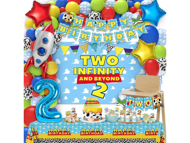 Two Infinity and Beyond Birthday Decorations - 105 Pcs Toy Inspired Story 2nd Birthday Party Supplies Include Banner, Balloons, Backdrop Film,...