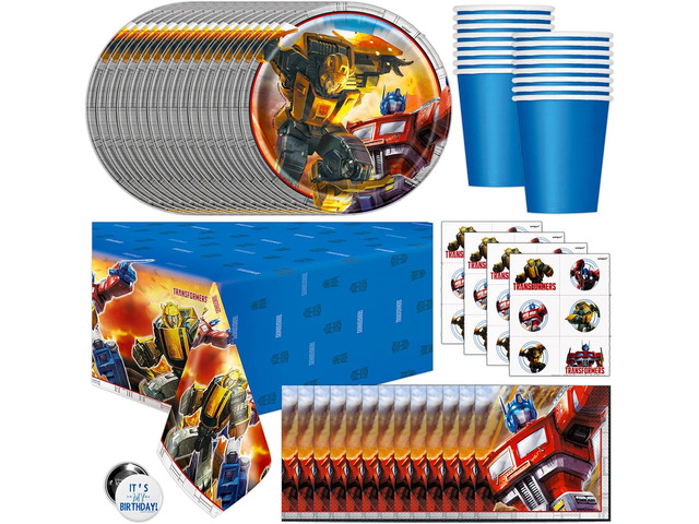 Transformers Birthday Party Supplies - Serves 16 Transformer Tablecover, Plates, Napkins, Cups, Tattoo Party Favors, Buttons