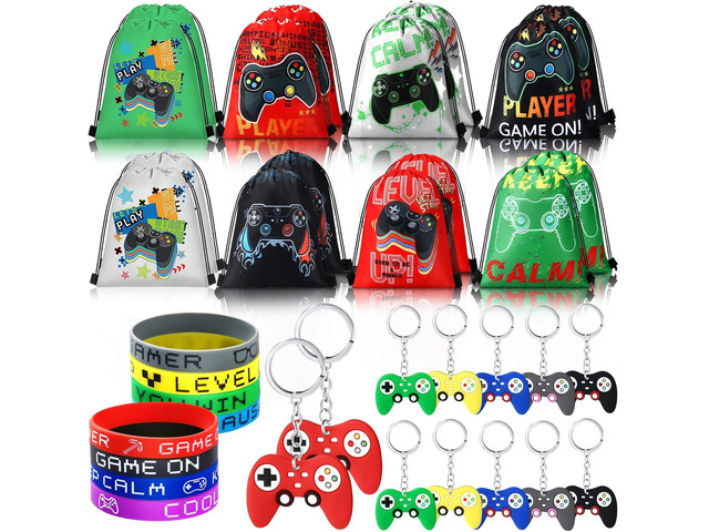 Hungdao 48 Pcs Video Game Party Favors 16 Gamer Party Drawstring Bags Gaming Goodie Bag 16 Wristbands 16 Keychains for Birthday