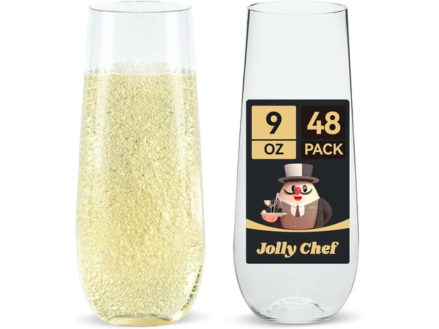 JOLLY CHEF 48 Pack Stemless Plastic Champagne Flutes 9 oz, Crystal Clear Stemless Plastic Toasting Glasses, Clear Disposable Unbreakable Drinkware...
