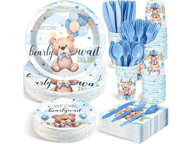 Dandat 350 Pcs Baby Shower Plates Set Baby Shower Party Supplies Serves 50 Tableware Sets Include Plates Napkin Cup Forks Knives Spoons Disposable...