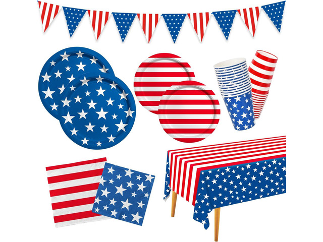 4th of July American Flag Patriotic Party Supplies Disposable Paper Plates Napkins Cocktail Napkins Cups Tablecloth and Banner for Election Day 4th...