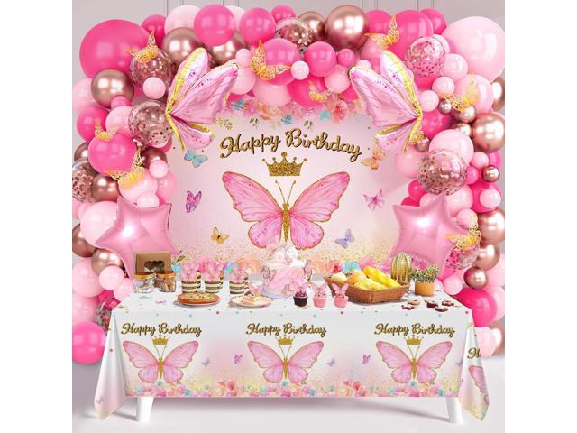 Pink Balloon Arch Kit with Foil Butterfly Balloons, Happy Birthday Backdrop & Tablecloth Decorations for Girl's Party - 106 Supplies
