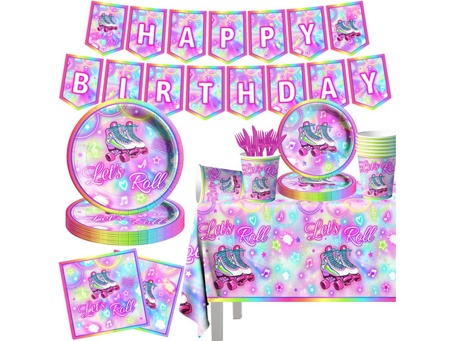 142Pcs Roller Skating Birthday Party Supplies Tableware Set Roller Skater Decoration Let's Roll Birthday for Boy or Girl,Colorful Plates and...