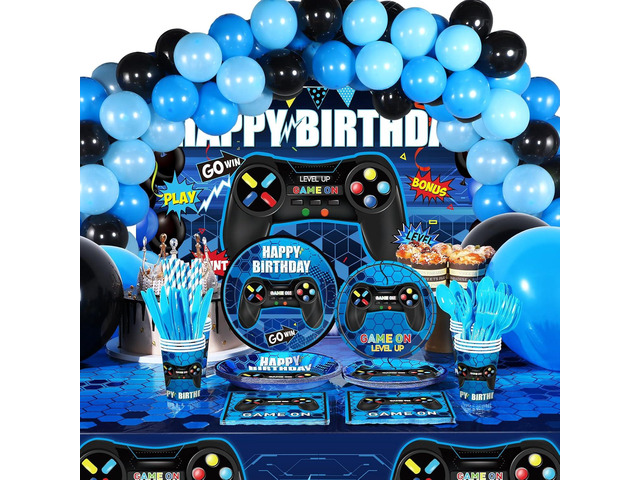 Tatuo 152 Pieces Video Game Birthday Party Supplies Gamer Party Table Cover Happy Birthday Backdrop Banner Tableware Balloons Sets for Boys Men...