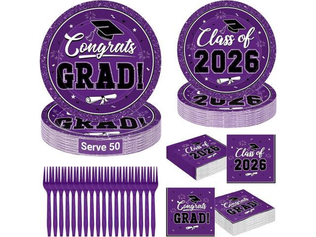 Graduation Party Supplies Set for 50 Guests, Purple Graduation Plates and Napkins 2026, 200Pcs Disposable Grad Plates, Napkins, Dessert Plates and...
