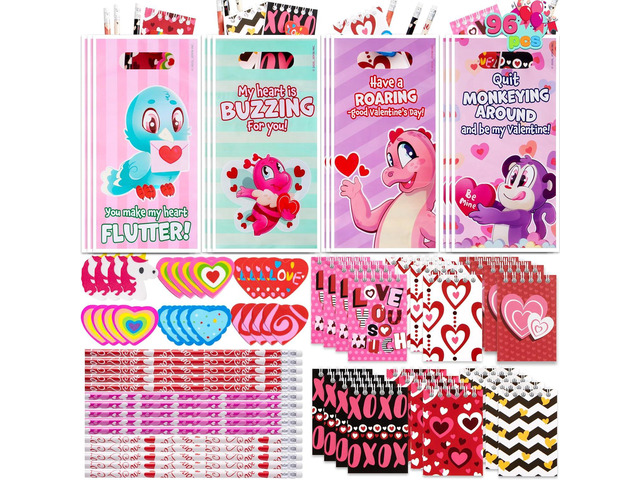 JOYIN 24packs Valentines Day Stationery Gifts, 96pcs Party Favor with Pencil, Erasers, Notebook & Bags for Kids School Classroom Exchange Supplies