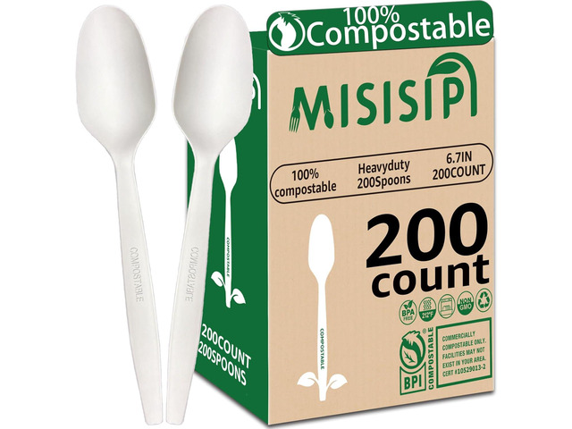 MISISIPI 200Count 100% Compostable Spoons Biodegradable Spoon HeavyDuty No Plastic Spoons Eco-friendly HeavyWeight Disposable Spoon Tableware Set...
