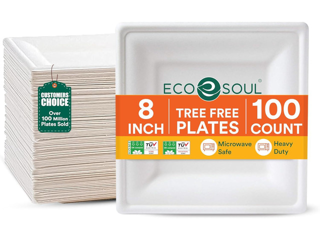 ECO SOUL Compostable Paper Plates 8 Inch, 100 Pack Heavy Duty Disposable Square Plates, White Bagasse, Leak & Oil Resistant, Microwave Safe,...