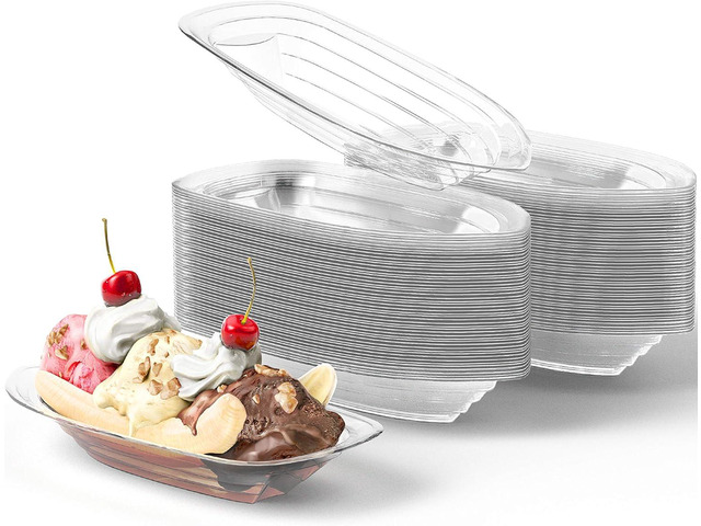 Super Fun Recyclable 8oz Banana Split Boats 100 Pack. Durable, Disposable Ice Cream Sundae Bowls. Perfect Plastic Cups for Social Event or Kids...