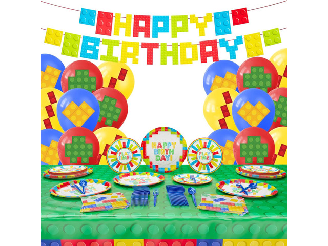 Building Block Deluxe Party Supplies Pack (137 Pieces for 16 Guests) - Gamer Birthday Decorations, Gamer Party Supplies, Blocks Party Decor, Brick...