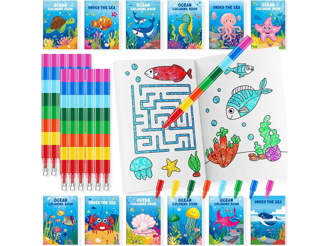 BenLouis 24 Under the Sea Mini Coloring Books Kids with 24 Stacking Crayons Ocean Animals Party Favors Activity Books Bulk for Kids Sea Fish...