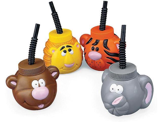 Fun Express Kids Cups with Lids and Straws 12 Pack - Safari Zoo Animal Party Supplies with Bear Lion Tiger Elephant Designs 14 oz Plastic Cups.