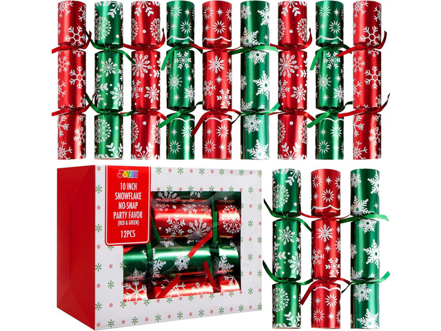 JOYIN 12 Pack Christmas Non-Snap Party Favor, Red & Green Snowflake Party Table Favor Includes Party Hat, Jokes & Gifts, Xmas Gifts Prizes for...