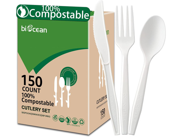 100%Compostable No Plastic Knives Disposable Forks Spoons Plastic Utensils, The Heavyweight Heavy Duty Flatware is Eco Friendly Products for Lounge...