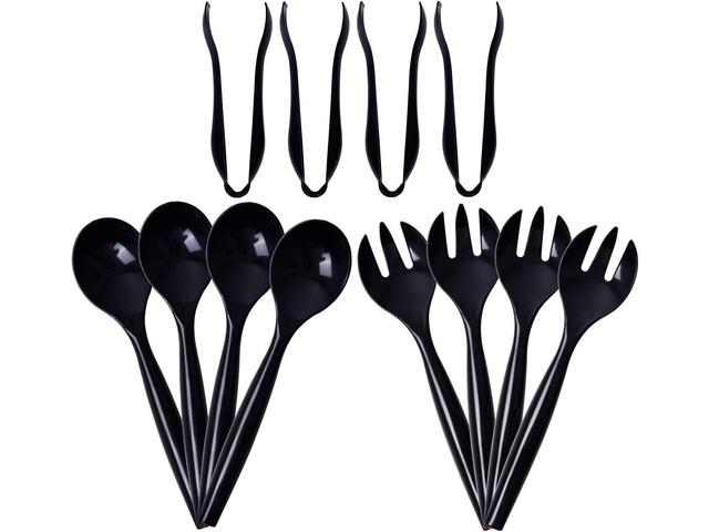 Supernal 72pcs Plastic Serving Utensils Heavy Duty Disposable Serving Tongs Black Disposable Serving Set 10' Spoons 10' Forks 6' Tongs Each 24pcs