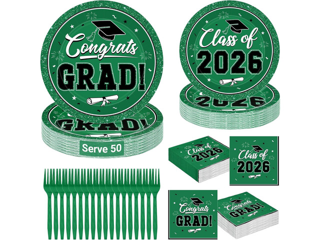 QZYL 200Pcs Graduation Party Supplies, Green Graduation Plates and Napkins, Disposable Grad Dessert Plates and Plastic Forks, Grad Party...