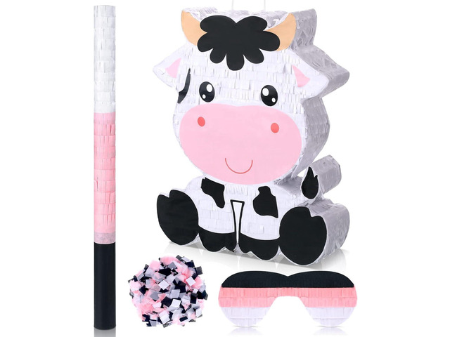 Seematn Cow Piñata Bundle with a Blindfold, Bat and Confetti Birthday Party Supplies Large Piñata 15.75 x 11.81 x 2.95'' for Kids Boy Construction...