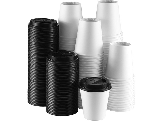 NYHI 100 Pack 10 oz White Paper Disposable Coffee Cups with Lids Hot Cold Beverage Drinking Cup for Water Juice Espresso Tea Ideal for Water...