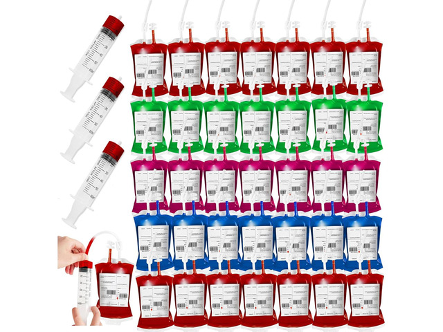 50 Packs Halloween Blood IV Bags for Drinks, Halloween Drinks Pouches Reusable Juice Container for Zombie Theme Carnival Vampire Party Decorations...