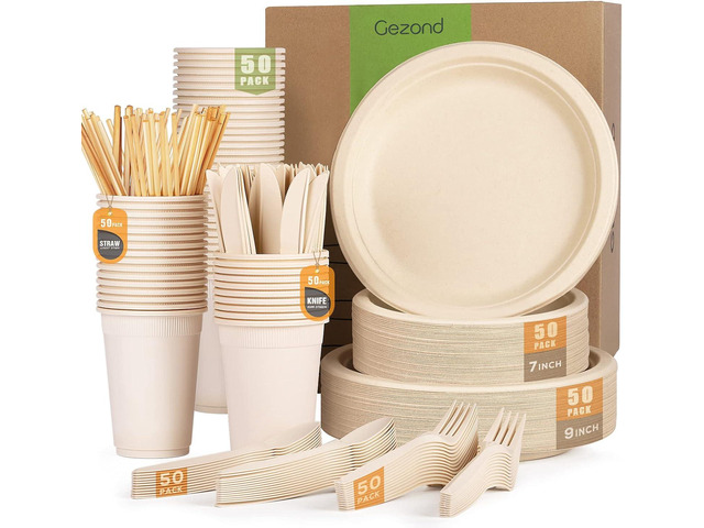 Gezond 350pcs Compostable Paper Plates Set Eco-friendly Heavy-duty Disposable Paper Plates Cutlery Includes Eco-friendly Plate, Forks, Knives,...