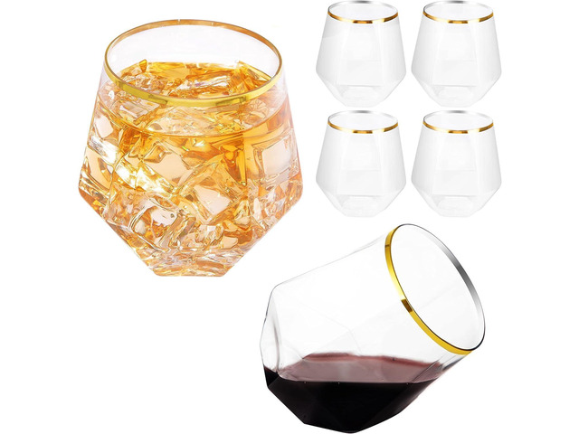 LUODA MirthMood 32 Pack Gold Plastic Stemless Wine Glasses, 12 Oz Disposable Diamond Shaped Wine Glasses, Clear Plastic Whiskey Glasses with Gold...