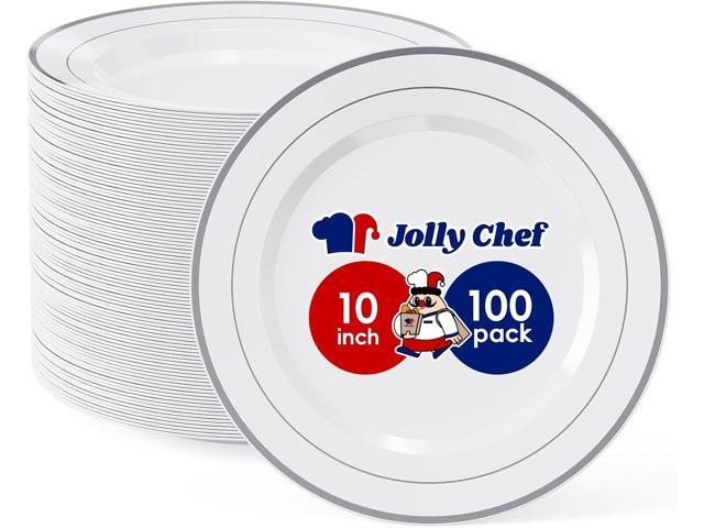 JOLLY CHEF 100 Pieces Silver Plastic Plates, 10 Inch Disposable Plates White Plate with Silver Rim, Heavy Duty Plastic Plates for Christmas,...
