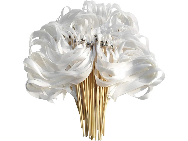 Kingsnow 50PCS Ribbon Wands with Triple Ribbon and Silver Bell Party Wand Party Favors Streamers Ribbon Sticks Magic Fairy Wands for Wedding Decors