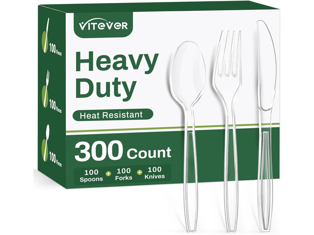 300 Count Heavy Duty Clear Plastic Silverware, Disposable Plastic Utensils Set, 100 Forks, 100 Spoons, 100 Knives, BPA-Free Heat Resistant Durable...