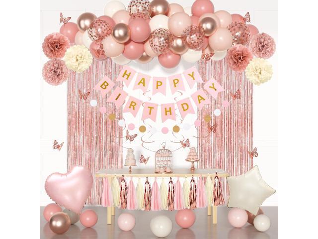 Pink Birthday Party Decorations, Dusty Pink Sand Confetti Rose Gold Balloons Happy Birthday Banner Fringe Curtains Butterfly Hanging Swirls Circle.