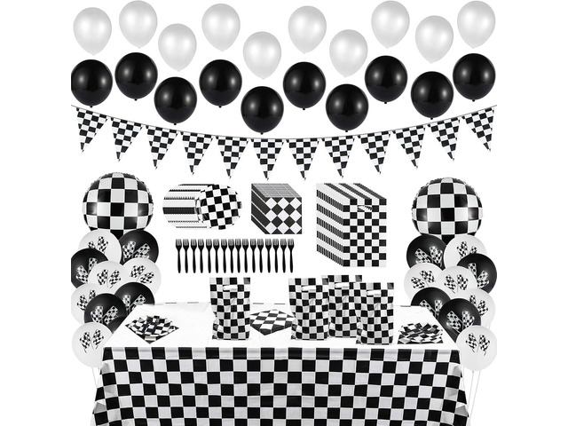 BeYumi 127Pack Race Car Checkered Party Supplies Decoration Kit, Including Banner Pennant Balloons Tablecloth Tableware Goodies Gift Bags, Black...