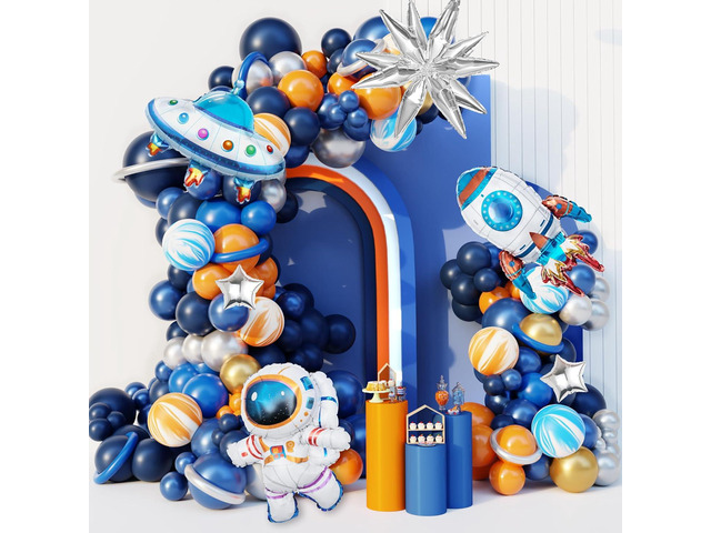 Ouddy Party 142Pcs Outer Space Party Decorations Balloon Garland Kit, Space Birthday Party Supplies UFO Astronaut Themed Navy Blue Silver Foil...