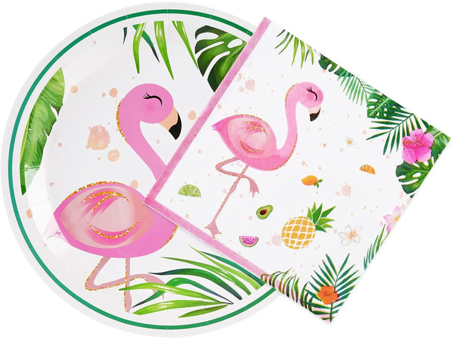 WERNNSAI Flamingo Plates and Napkins Set - Serves 50 Guests 100 PCS Hawaiian Luau Party Supplies Disposable Tableware Set Dinner Luncheon Plates...